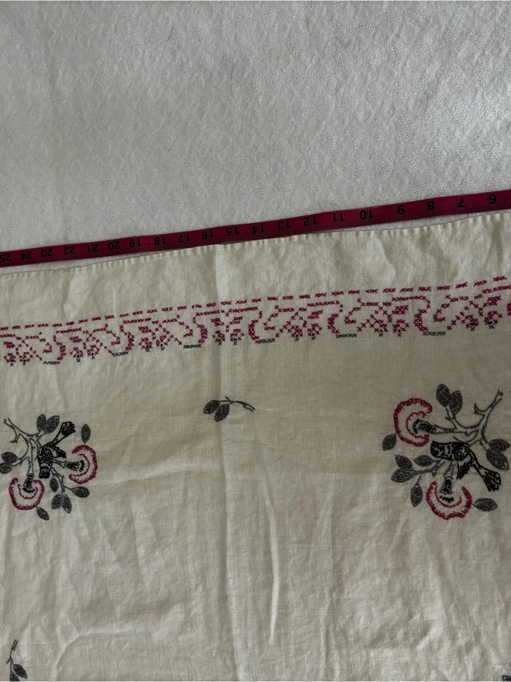 Embroidered Floral Tablecloth or Blanket - White with Pink & Black Accents